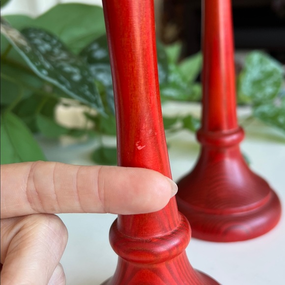 Vintage Red Wood Candle Holders Pair Made in Sweden - Picture 8 of 12